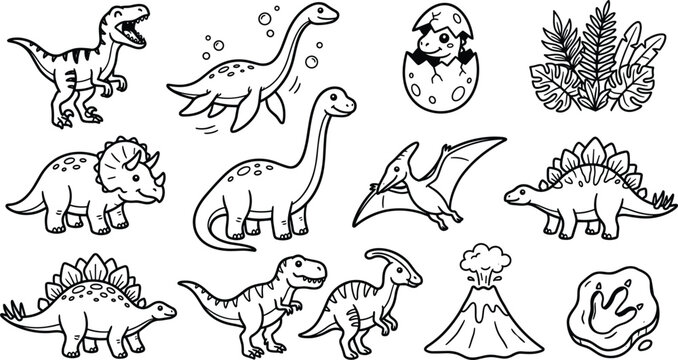 Cute Baby Dinosaur and Prehistoric Elements Line Art Vector Set with Volcano Egg Plants and Footprint for Kids Coloring Pages