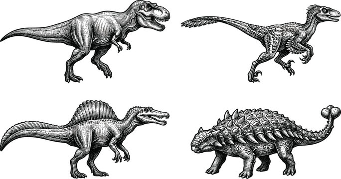 Vintage Engraving Dinosaur Vector Set featuring Highly Detailed Hand Drawn Sketches of Tyrannosaurus Rex Velociraptor Spinosaurus and Ankylosaurus for Realistic Graphic Designs