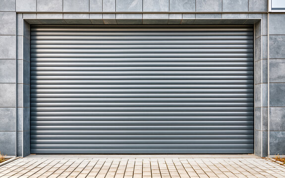 Modern dark grey roller shutter door on building facade