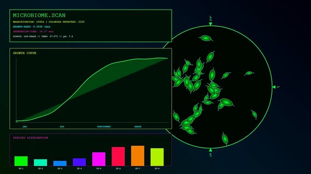 Bioinformatic modeling displays dynamic digital cell cultures in a laboratory monitor showing biological growth cycles through a glowing green interface and complex analytical visual data patterns