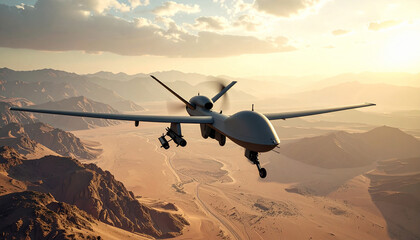 Naklejka premium A military combat drone flies over a desolate, sunlit mountain desert, evoking themes of surveillance and power. Nobody is present. Hightech aerial warfare concept, perfect for defense media.
