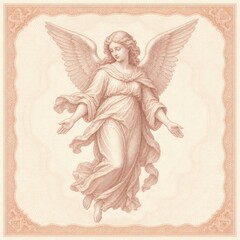Naklejka premium Vintage illustration of an angel with wings in flowing robes, sepia tones.