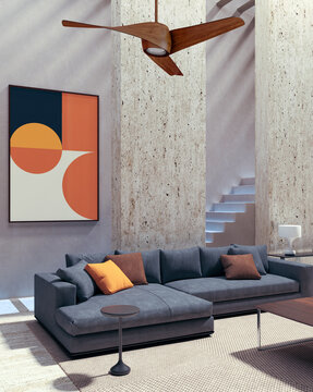 3D render, illustration Large Luxury modern living room interior,  brutalist architecture realistic lighting,  Graphic Overlay wide angle, contemporary furniture, clean lines, minimalist decor, elegan