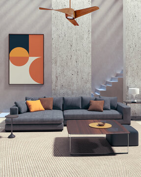 3D render, illustration Large Luxury modern living room interior,  brutalist architecture realistic lighting,  Graphic Overlay wide angle, contemporary furniture, clean lines, minimalist decor, elegan