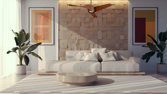 3D render, illustration Large Luxury modern living room interior,  brutalist architecture realistic lighting,  Graphic Overlay wide angle, contemporary furniture, clean lines, minimalist decor, elegan