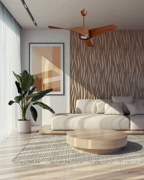 3D render, illustration Large Luxury modern living room interior,  brutalist architecture realistic lighting,  Graphic Overlay wide angle, contemporary furniture, clean lines, minimalist decor, elegan