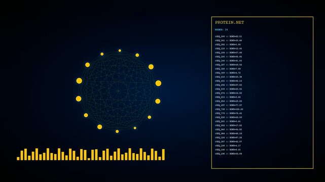 Bioinformatic modeling displays dynamic golden network diagrams on dark digital screens while rotating circular nodes pulse in harmony alongside moving linear bar charts within a laboratory