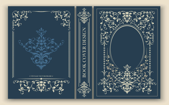 Vector. Vintage book cover template featuring elaborate floral ornaments, symmetrical borders and an elegant oval frame. Deep navy, cream and blue palette for classic publishing and editorial design.