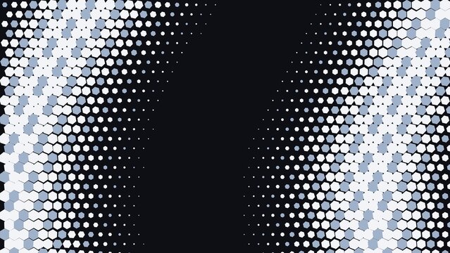 Abstract background, with a white, and light blue, hexagon halftone pattern, on a dark, surface creating a, curved wave of, geometric shapes