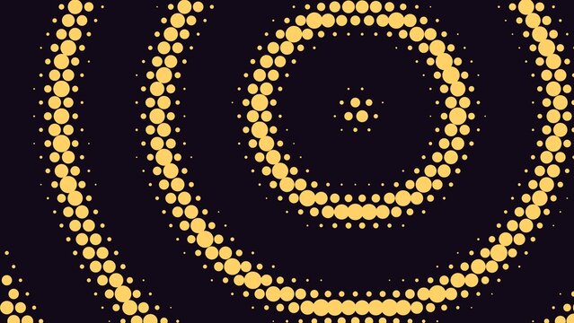 Abstract background, with a yellow, circular dot halftone, pattern on a, dark purple surface, creating concentric ripple, effects and textures