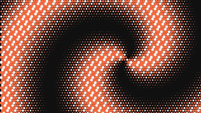Abstract background, with an orange, and white halftone, dot swirl pattern, creating a dynamic, spiral effect on, a dark black background