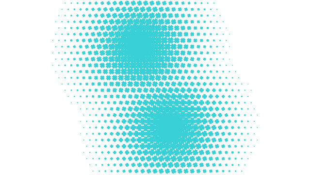 Abstract cyan blue four leaf clover shaped halftone pattern arranged in two circular clusters on a black background for