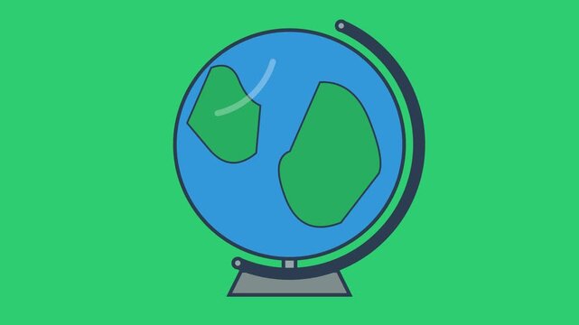 Minimalist flat vector illustration of a world globe on a stand against a green background, perfect for geography, education, and travel themes