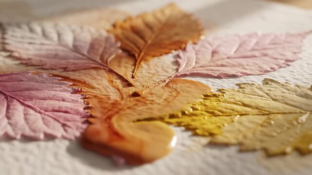 Amber liquid flowing over colored leaves