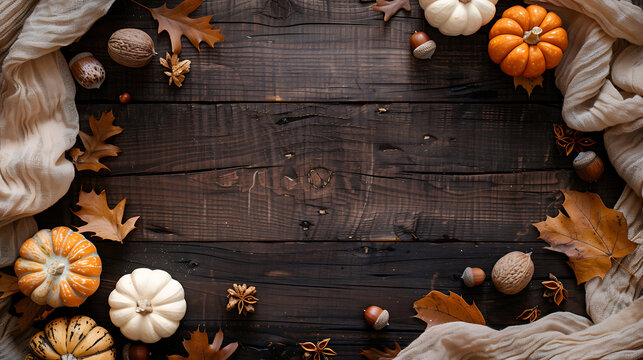 Rustic Autumn Thanksgiving Flat Lay of Pumpkins and Leaves on Dark Wood with Center Copy Space for Holiday Greeting Card