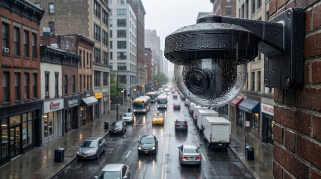 Rainy urban scene with surveillance camera monitoring traffic flow