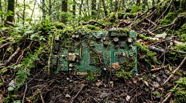 Circuit board overgrown with moss in a dense forest environment