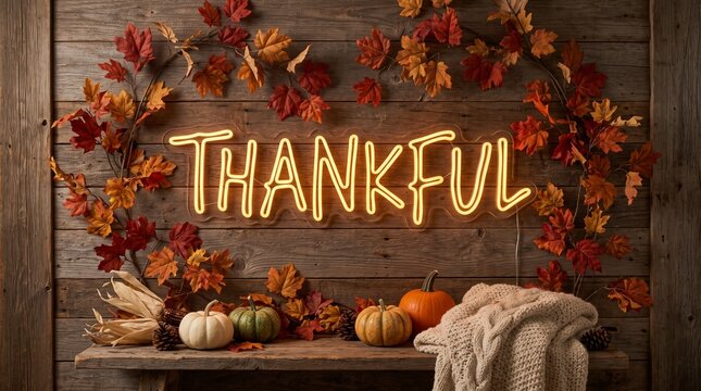 Warm thanksgiving decor with neon thankful sign and autumn leaves