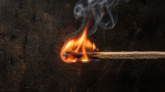 Close up of a matchstick igniting with flames and smoke against wood