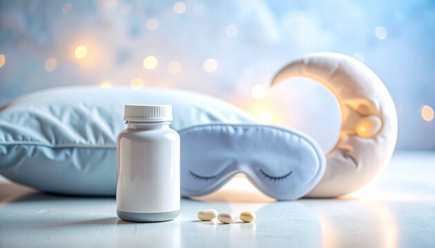 A sleep aid supplement bottle with pills, an eye mask, and moon decor on a bed creates a dreamy atmosphere. Nobody present. Ideal for health, wellness, and insomnia concepts. No people, soft.