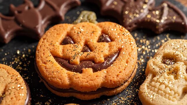 Golden glitter sprinkling over Halloween themed cookies