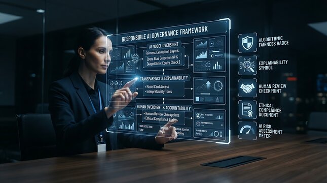 AI ethics committee professional interacting with holographic responsible AI governance framework interface for enterprise algorithmic fairness management and digital AI compliance oversight solutions