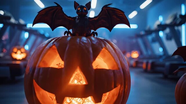 Halloween pumpkin with bat in gym