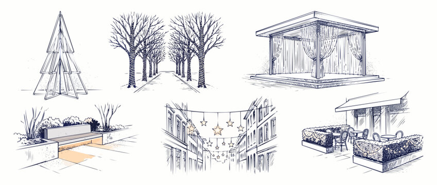Urban winter lighting design sketches of festive street decorations, holiday cafe, illuminated trees, and modern outdoor gazebo. Elegant hand drawn architectural illustrations for Christmas.