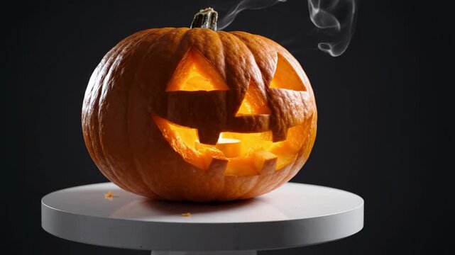 Jack o lantern pumpkin glowing with rising smoke