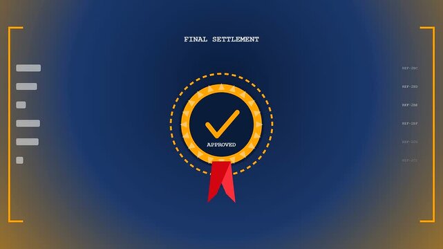 Digital claim processing animation showing an approval badge with a glowing check mark growing and expanding on a blue screen interface for financial transaction validation