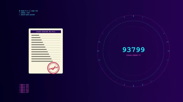A sequence showing claim processing numbers changing on a dark digital interface while official documents appear with stamped approval marks in a smooth motion display