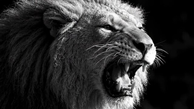 Male lion roaring in black and white