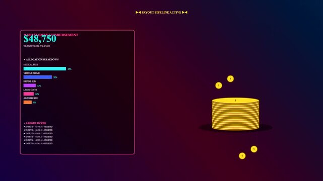 Digital claim processing system showing financial data growth as gold coins pile up within a graphical user interface representing automated settlement workflows on a dark screen
