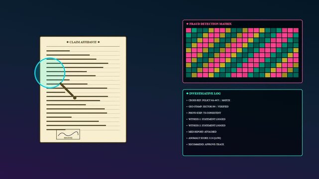 Claim processing workflow displayed on a digital interface showing a magnifying glass scanning through paper documentation with grids and logs for insurance verify verification tasks