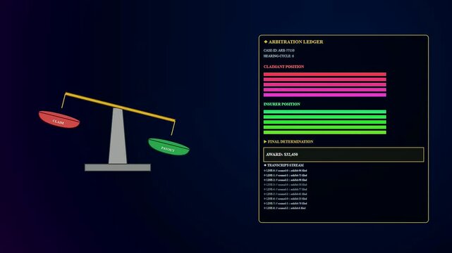 Claim processing workflow displayed on a digital interface showing a balanced scale with dynamic litigation data visualizations changing across three separate screen frames in sequence