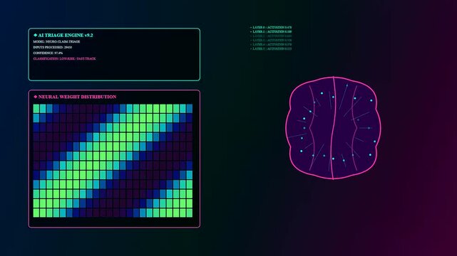 Digital claim processing dashboard displays changing data grids and glowing organic neural node diagrams during a complex simulation of information flow on a dark blue screen