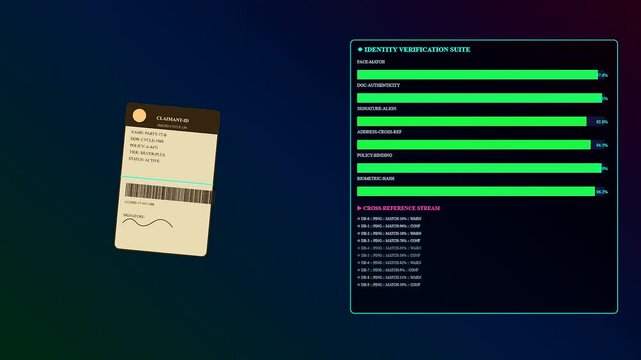 Digital claim processing animation showing a digital identity verification interface with loading progress bars appearing alongside a physical identification card on a dark gradient background screen