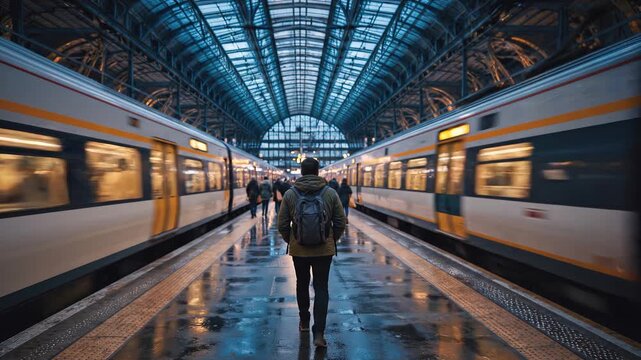 Backpacker walking along a platform between moving trains