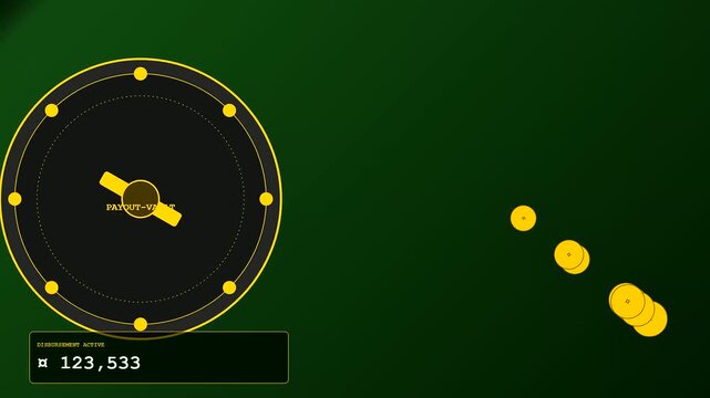 A digital claim processing interface displays numeric values inside circular golden gauges while currency symbols accumulate as icons drift across a minimalist dark green screen environment