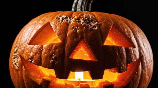 Glowing carved pumpkin in the dark