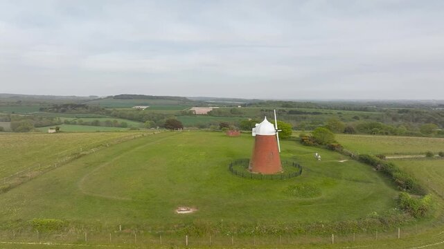 Fields and Farms over Halnaker Hill and the Windmill Trail from a drone, Boxgrove Village, West Sussex, England