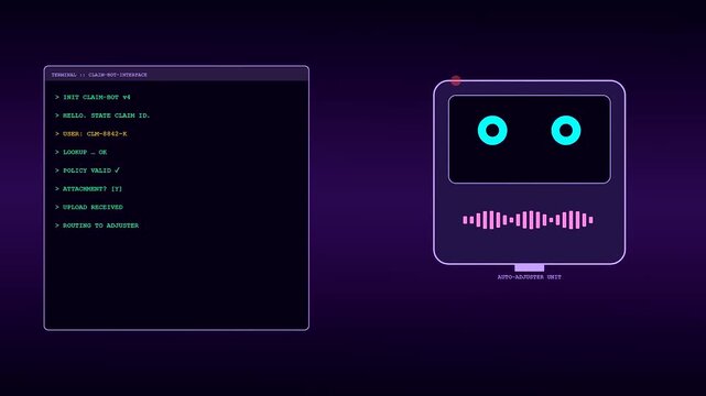 A claim processing interface displays system prompts on a digital screen beside a glowing robotic head that animates with sound waves in purple lighting
