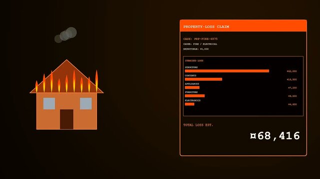 Digital claim processing displays show a residential house icon engulfed in bright fire animations while increasing financial loss estimation data values appear in rhythmic video sequences