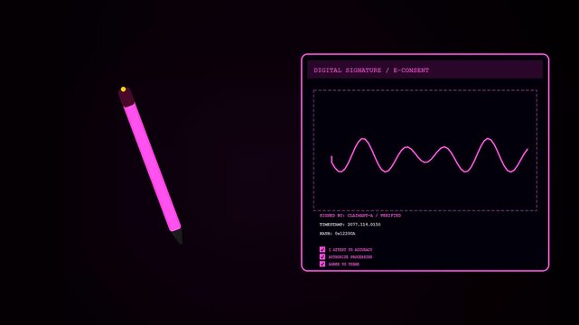 Claim processing workflow displayed on a screen with a digital stylus pen creating a glowing pink waveform signature during a professional user authentication session sequence