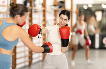 Naklejka premium Two women in boxing gloves sparring together in the hall. Young women during group boxing training