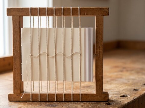 A book sewing frame with cords tensioned and sections gathered
