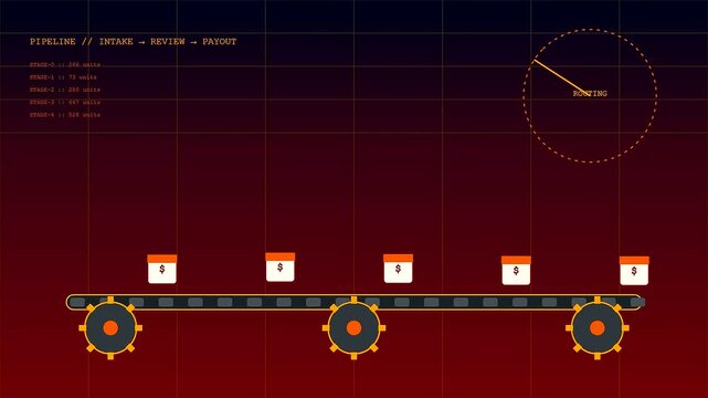 Digital claim processing animation showing automated currency icons moving along a conveyor belt system in a clean minimalist motion graphic interface with rotating circular loading gauges