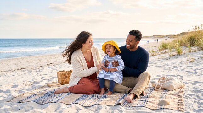 Happy multiethnic family sitting on a beach blanket during a sunny summer vacation day