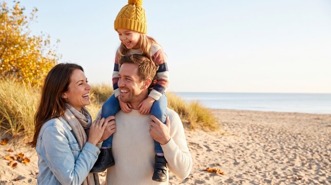 Happy family with child on shoulders walking on beach during autumn vacation