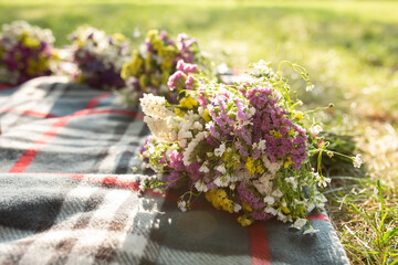 Wildflower Bouquets on Picnic Blanket: Delicate bouquets of wildflowers, featuring a blend of purple, yellow, and white blossoms, are arranged artfully on a plaid picnic blanket outdoors. A soft. © AlexVision